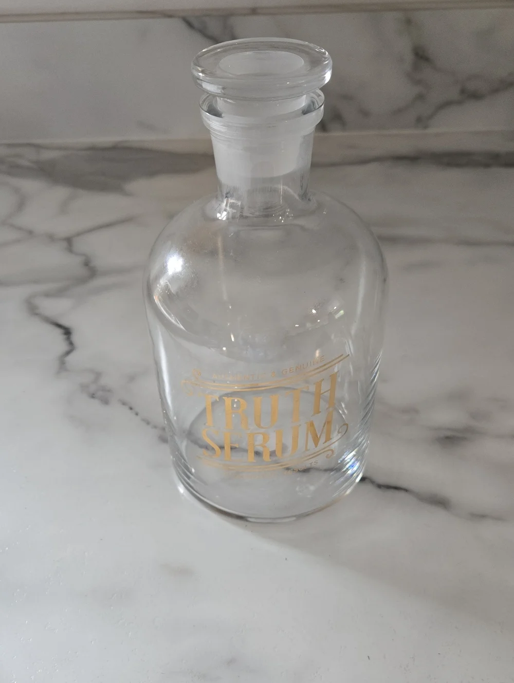 Clear Glass Apothecary Bottle with Gold 'Truth Serum' Lettering decanter